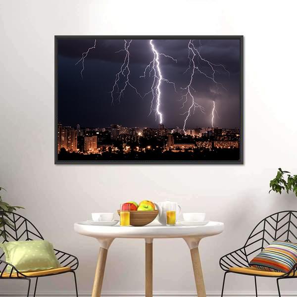 Lightning Storm Over City Canvas Wall Art-3 Horizontal-Gallery Wrap-25" x 16"-Tiaracle