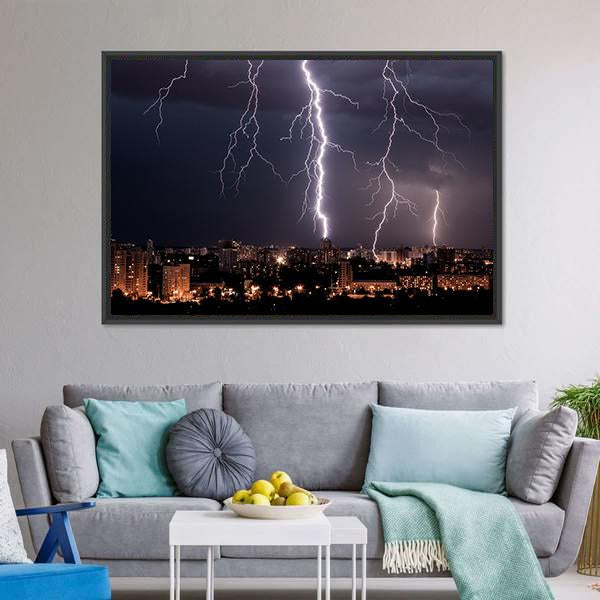 Lightning Storm Over City Canvas Wall Art-3 Horizontal-Gallery Wrap-25" x 16"-Tiaracle