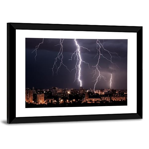 Lightning Storm Over City Canvas Wall Art-3 Horizontal-Gallery Wrap-25" x 16"-Tiaracle