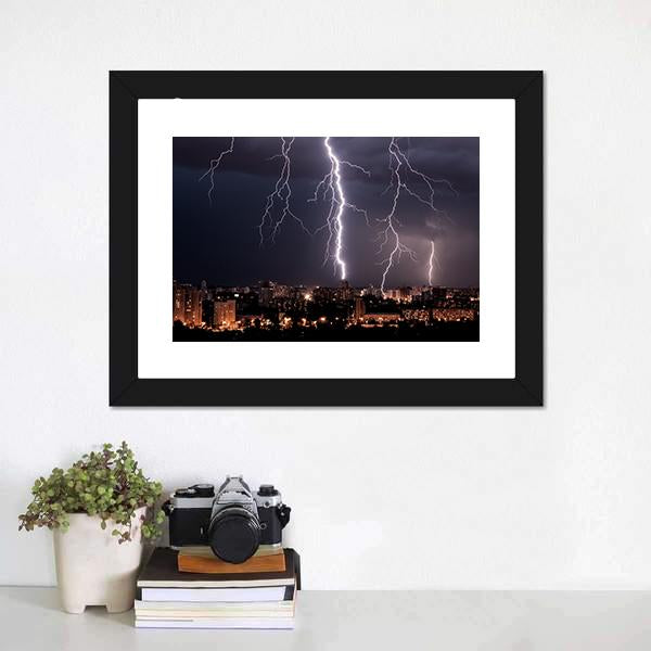 Lightning Storm Over City Canvas Wall Art-1 Piece-Framed Print-20" x 16"-Tiaracle