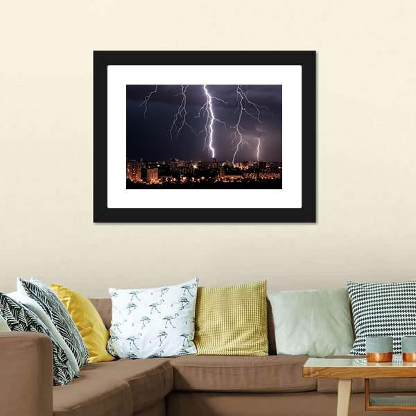 Lightning Storm Over City Canvas Wall Art-3 Horizontal-Gallery Wrap-25" x 16"-Tiaracle