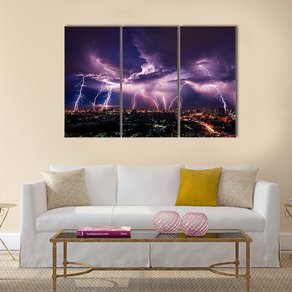 Purple Lightning Over City Canvas Wall Art-3 Horizontal-Gallery Wrap-37" x 24"-Tiaracle