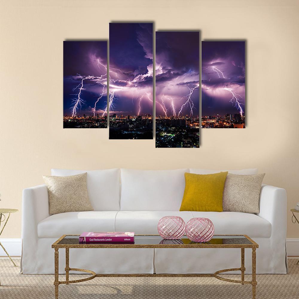 Purple Lightning Over City Canvas Wall Art-4 Pop-Gallery Wrap-50" x 32"-Tiaracle