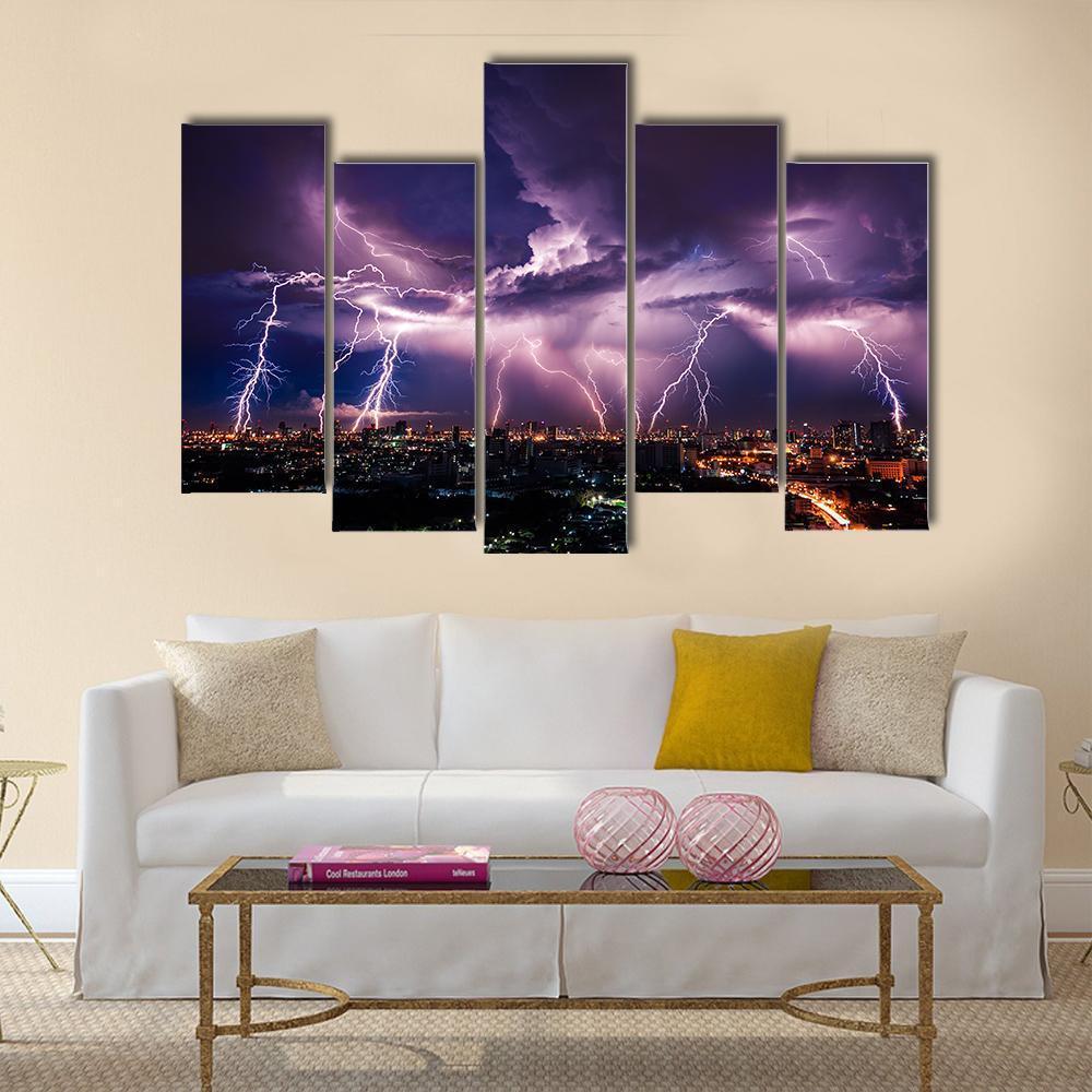 Purple Lightning Over City Canvas Wall Art-5 Pop-Gallery Wrap-47" x 32"-Tiaracle