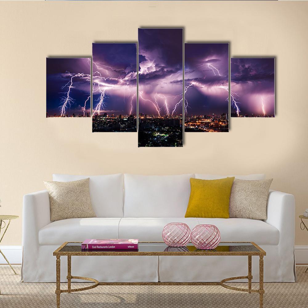 Purple Lightning Over City Canvas Wall Art-5 Star-Gallery Wrap-62" x 32"-Tiaracle