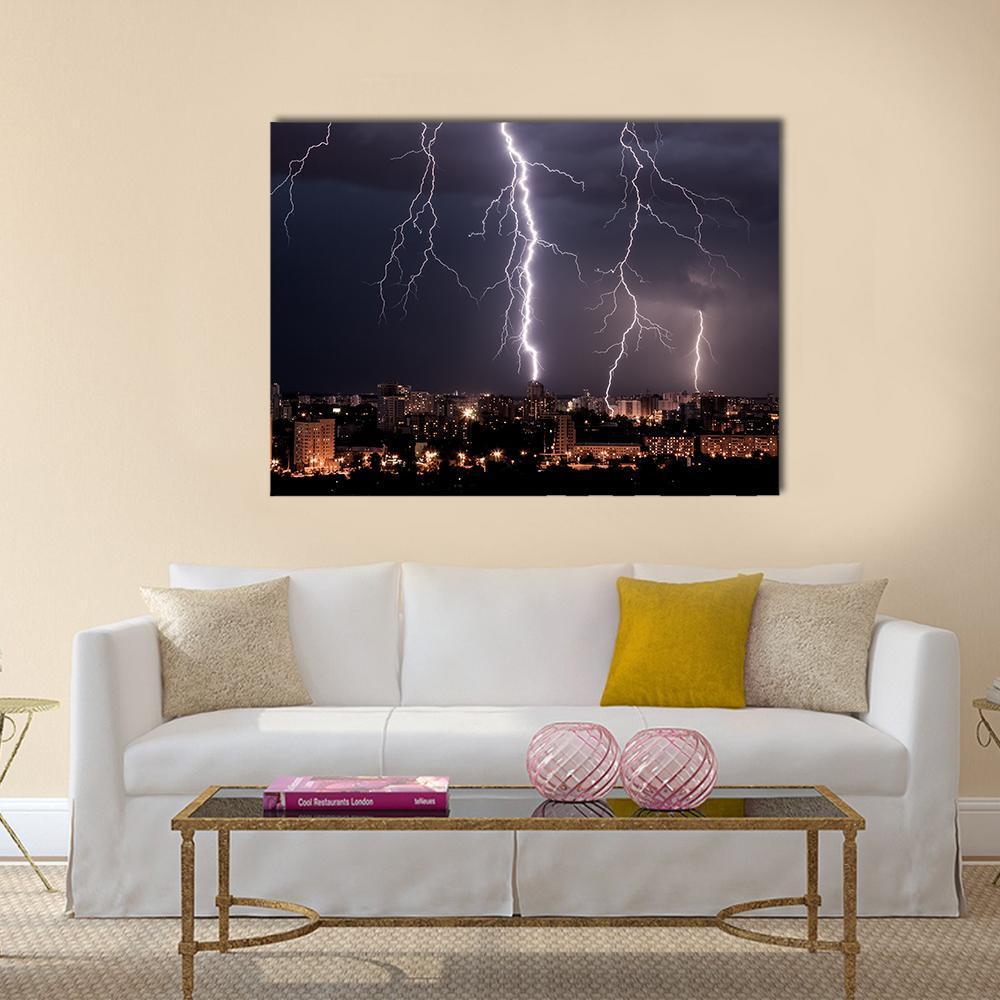 Lightning Storm Over City Canvas Wall Art-1 Piece-Gallery Wrap-48" x 32"-Tiaracle