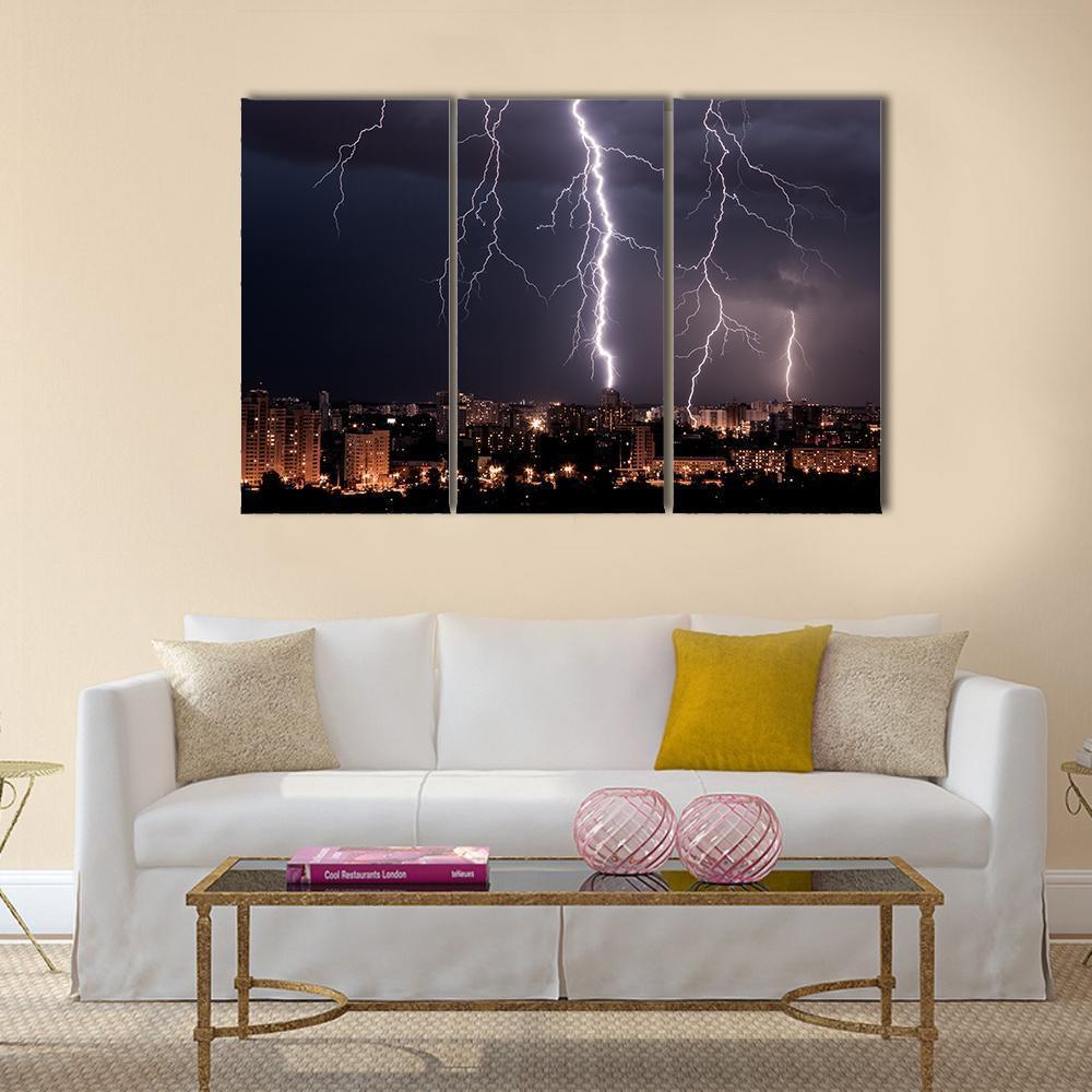 Lightning Storm Over City Canvas Wall Art-3 Horizontal-Gallery Wrap-37" x 24"-Tiaracle