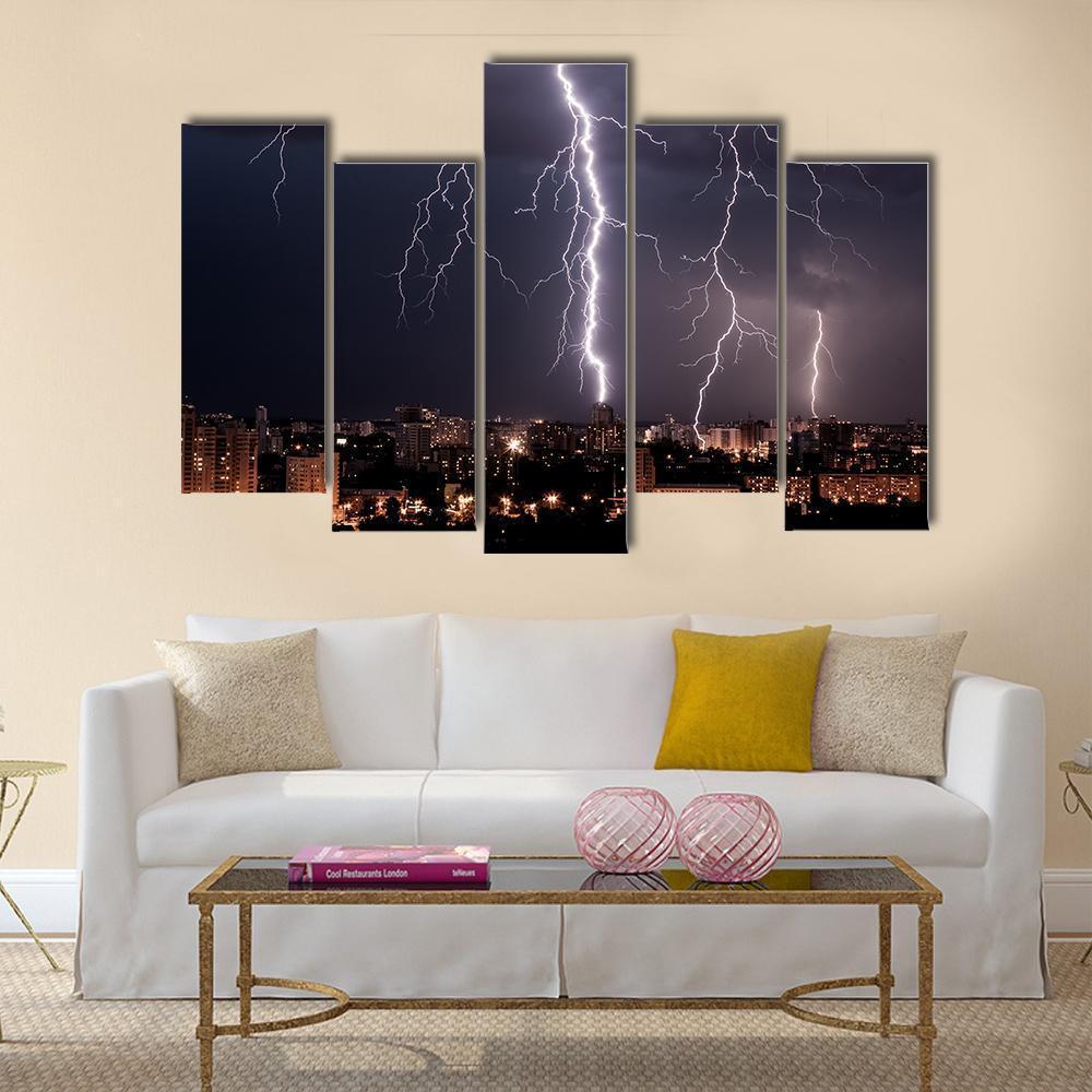 Lightning Storm Over City Canvas Wall Art-5 Pop-Gallery Wrap-47" x 32"-Tiaracle