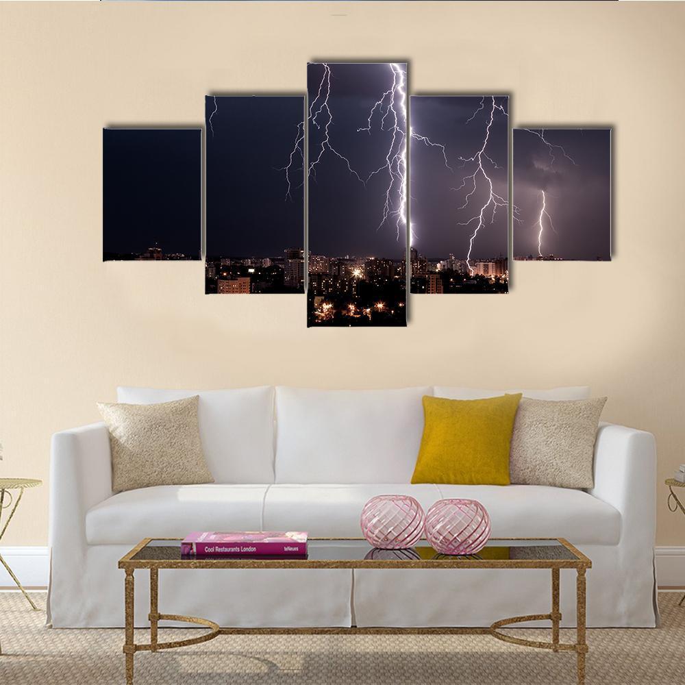 Lightning Storm Over City Canvas Wall Art-5 Star-Gallery Wrap-62" x 32"-Tiaracle