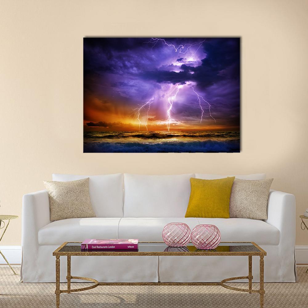 Lightning Over Sea Canvas Wall Art-1 Piece-Gallery Wrap-48" x 32"-Tiaracle