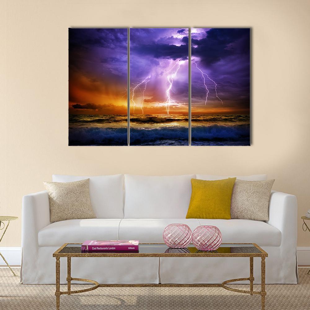 Lightning Over Sea Canvas Wall Art-3 Horizontal-Gallery Wrap-37" x 24"-Tiaracle