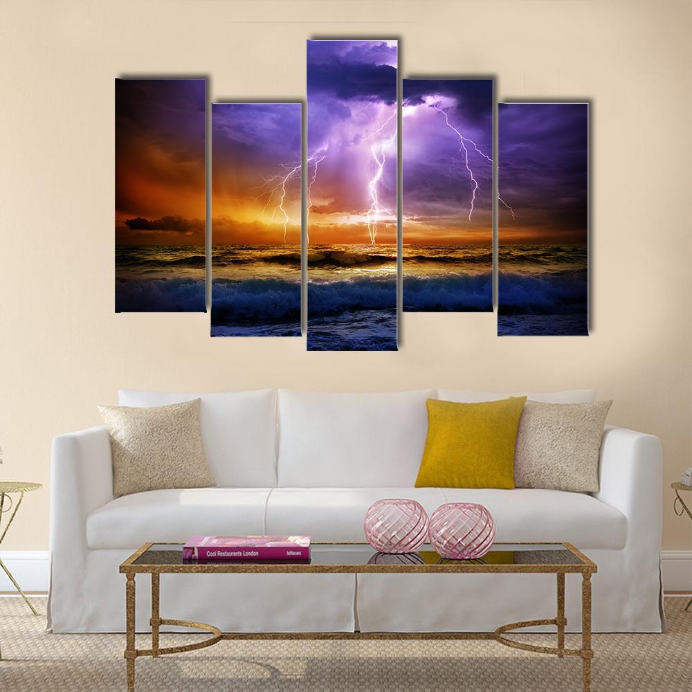 Lightning Over Sea Canvas Wall Art-5 Pop-Gallery Wrap-47" x 32"-Tiaracle