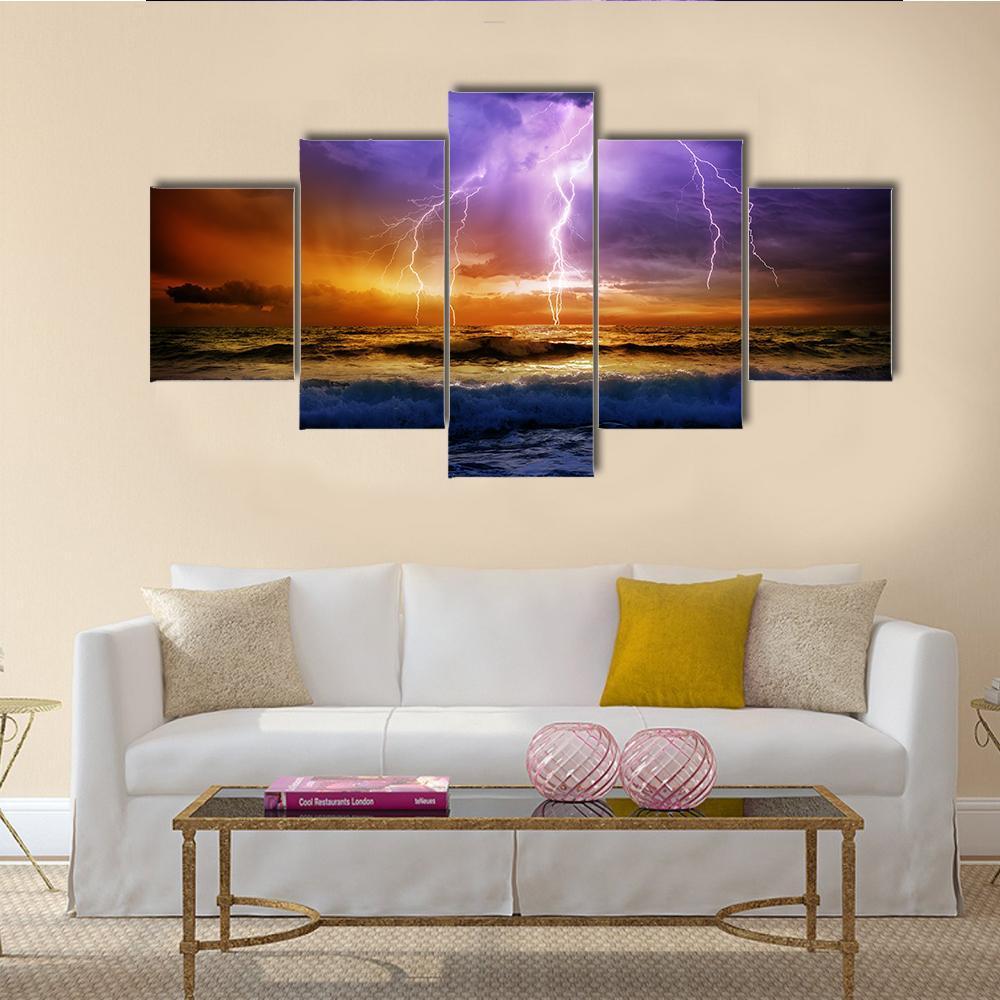 Lightning Over Sea Canvas Wall Art-5 Star-Gallery Wrap-62" x 32"-Tiaracle