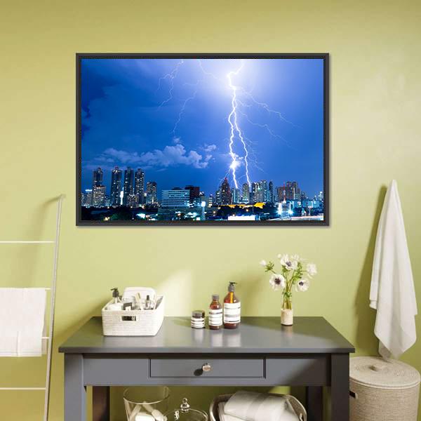 Lightning Strike In A City Canvas Wall Art-1 Piece-Floating Frame-24" x 16"-Tiaracle