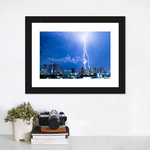 Lightning Strike In A City Canvas Wall Art-1 Piece-Framed Print-20" x 16"-Tiaracle