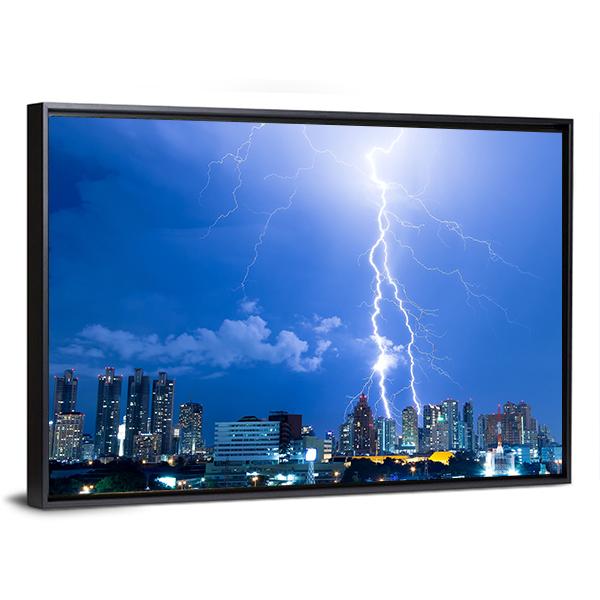 Lightning Strike In A City Canvas Wall Art-3 Horizontal-Gallery Wrap-25" x 16"-Tiaracle