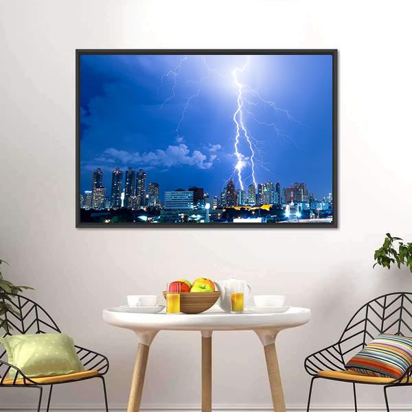 Lightning Strike In A City Canvas Wall Art-3 Horizontal-Gallery Wrap-25" x 16"-Tiaracle