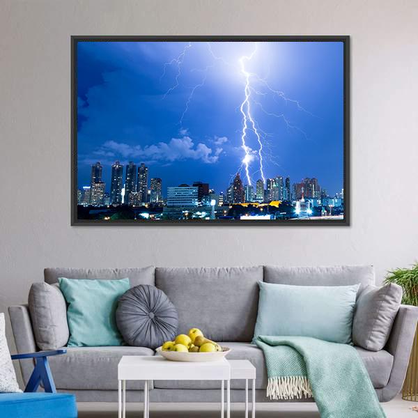 Lightning Strike In A City Canvas Wall Art-3 Horizontal-Gallery Wrap-25" x 16"-Tiaracle