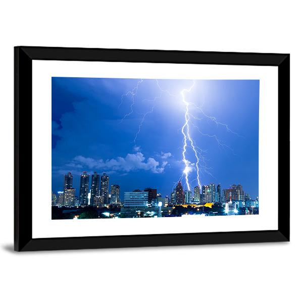 Lightning Strike In A City Canvas Wall Art-3 Horizontal-Gallery Wrap-25" x 16"-Tiaracle