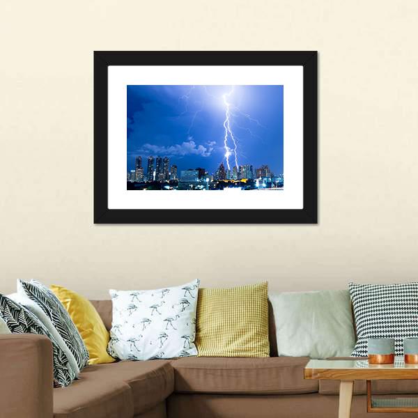 Lightning Strike In A City Canvas Wall Art-3 Horizontal-Gallery Wrap-25" x 16"-Tiaracle