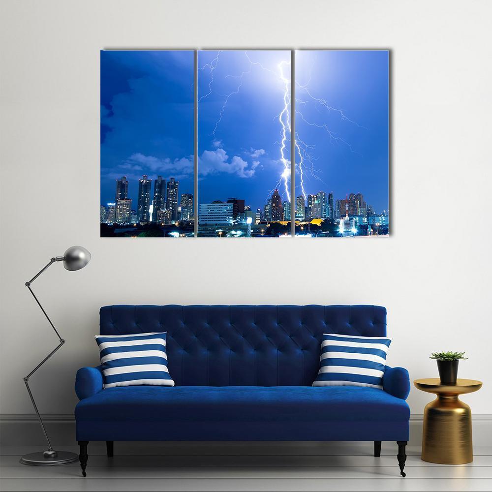 Lightning Strike In A City Canvas Wall Art-3 Horizontal-Gallery Wrap-37" x 24"-Tiaracle