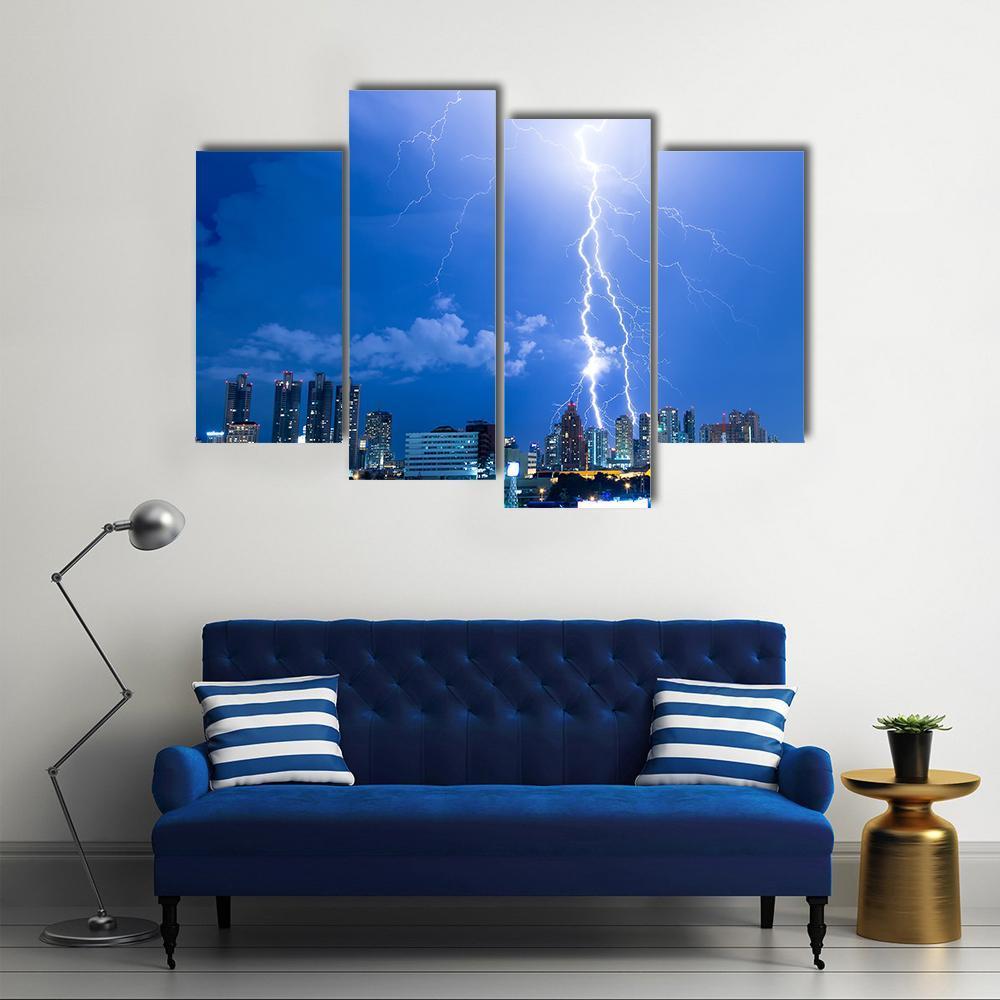 Lightning Strike In A City Canvas Wall Art-4 Pop-Gallery Wrap-50" x 32"-Tiaracle