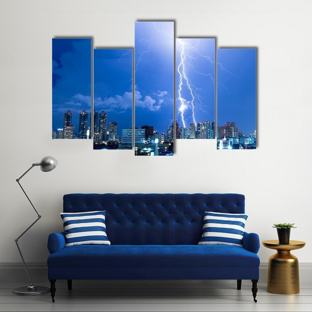 Lightning Strike In A City Canvas Wall Art-5 Pop-Gallery Wrap-47" x 32"-Tiaracle