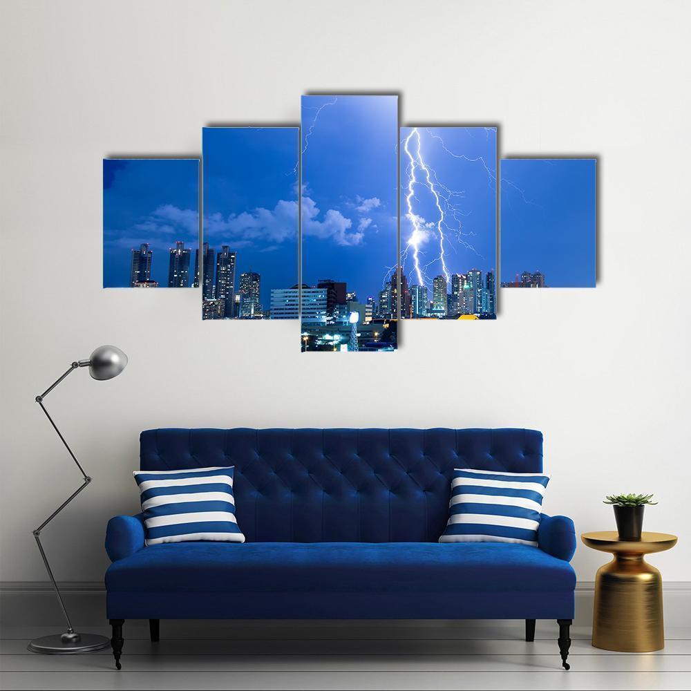 Lightning Strike In A City Canvas Wall Art-5 Star-Gallery Wrap-62" x 32"-Tiaracle