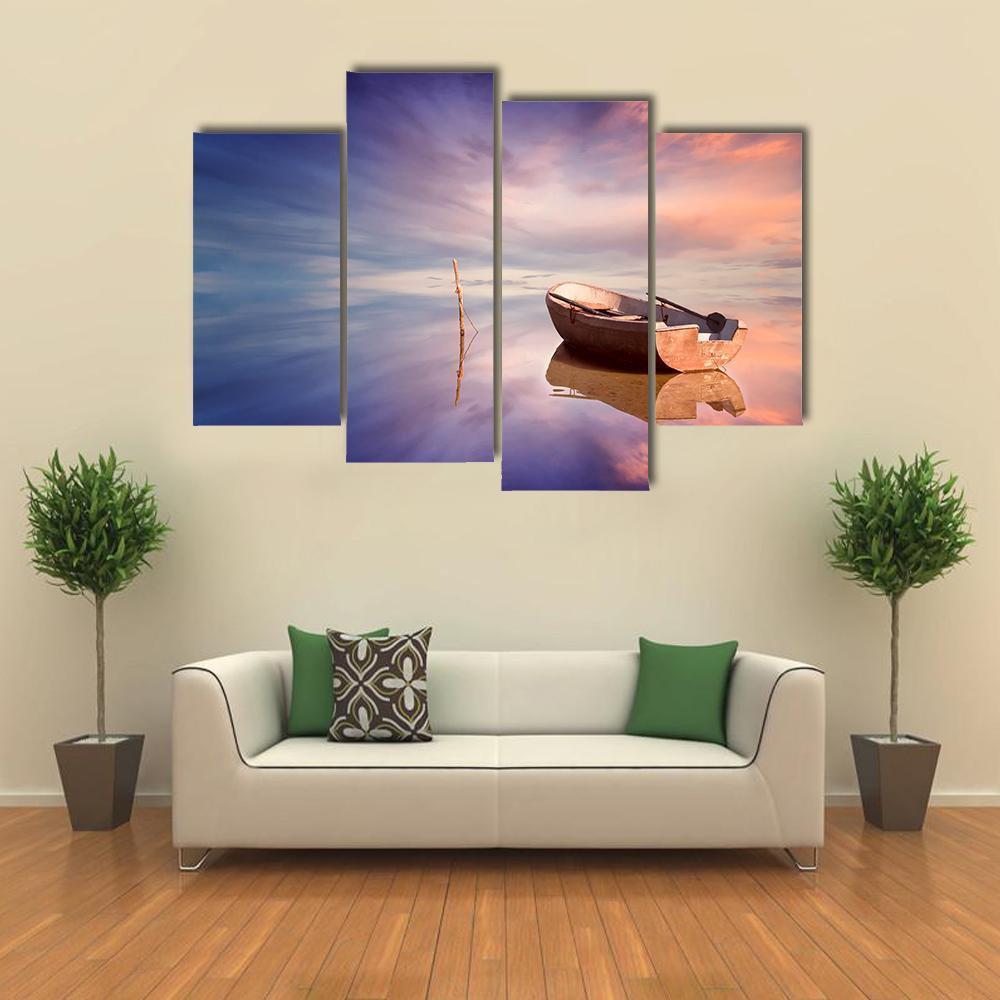 Lonely Boat With Sunset Canvas Wall Art-4 Pop-Gallery Wrap-50" x 32"-Tiaracle