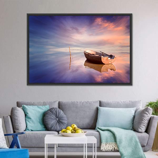 Lonely Boat With Sunset Canvas Wall Art-3 Horizontal-Gallery Wrap-25" x 16"-Tiaracle