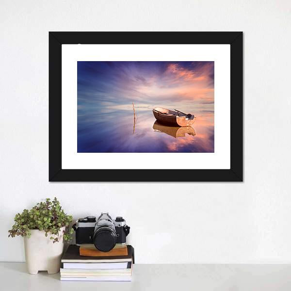 Lonely Boat With Sunset Canvas Wall Art-1 Piece-Framed Print-20" x 16"-Tiaracle