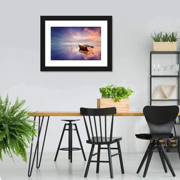 Lonely Boat With Sunset Canvas Wall Art-3 Horizontal-Gallery Wrap-25" x 16"-Tiaracle