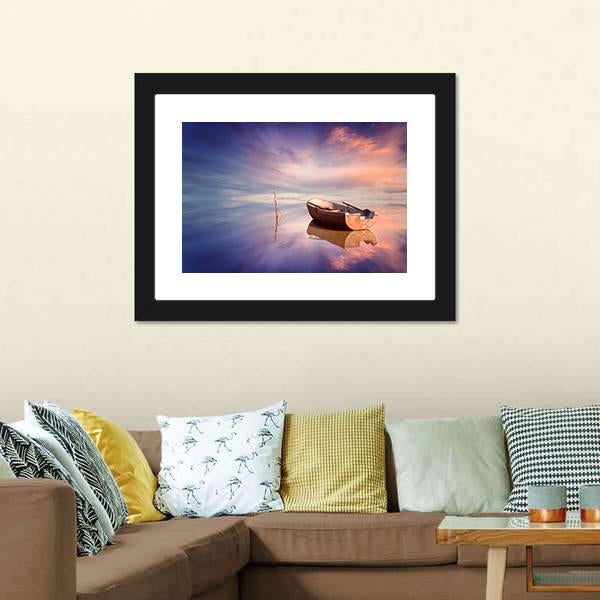 Lonely Boat With Sunset Canvas Wall Art-3 Horizontal-Gallery Wrap-25" x 16"-Tiaracle
