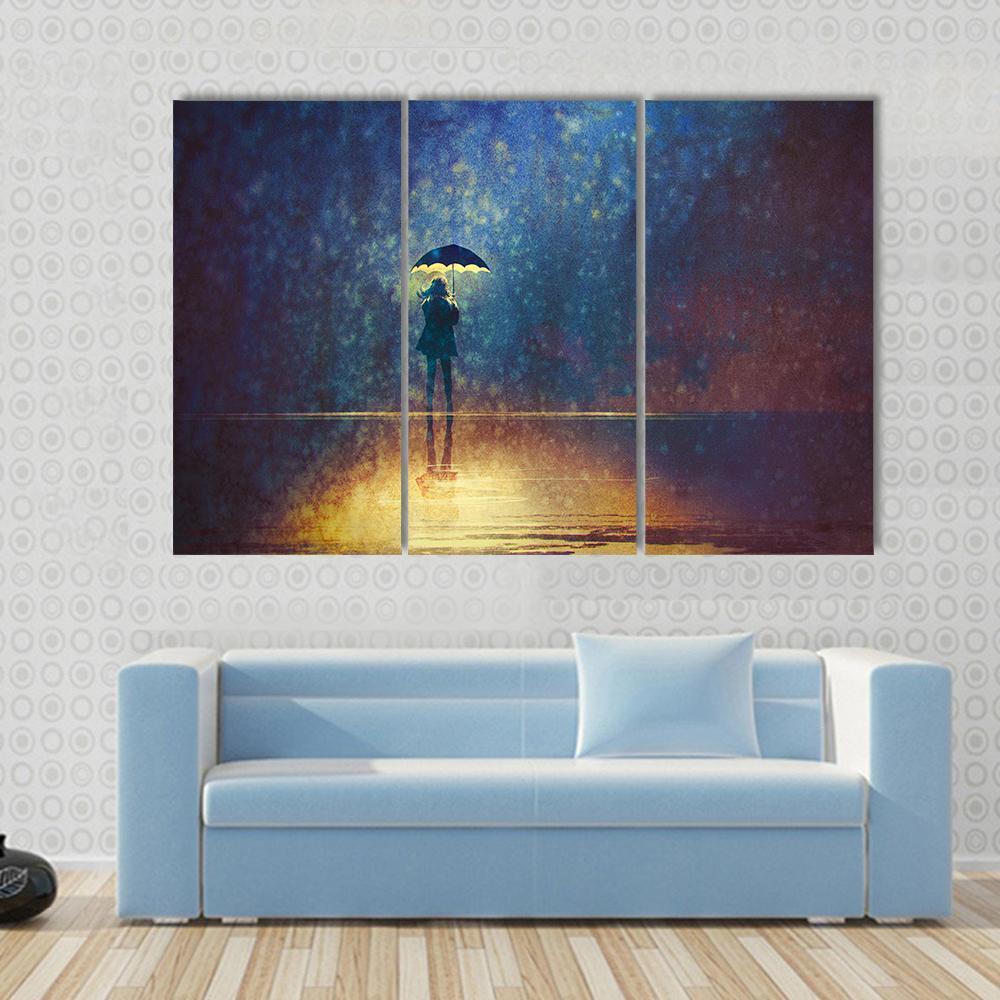 Woman Under Umbrella Canvas Wall Art-3 Horizontal-Gallery Wrap-37" x 24"-Tiaracle