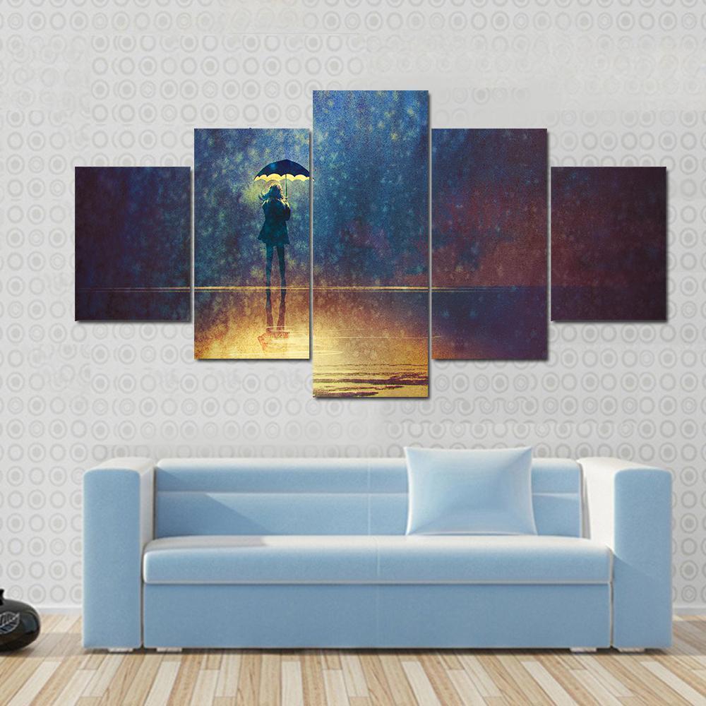 Woman Under Umbrella Canvas Wall Art-5 Star-Gallery Wrap-62" x 32"-Tiaracle