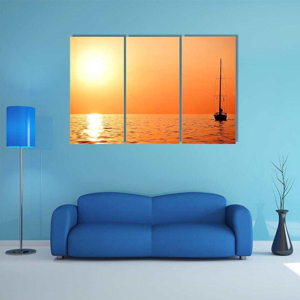 Lonely Yacht At Sunset Canvas Wall Art-3 Horizontal-Gallery Wrap-37" x 24"-Tiaracle