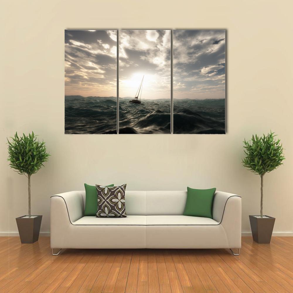 Sailing Boat In Storm Canvas Wall Art-3 Horizontal-Gallery Wrap-37" x 24"-Tiaracle
