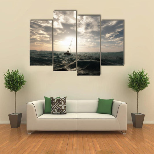 Sailing Boat In Storm Canvas Wall Art-4 Pop-Gallery Wrap-50" x 32"-Tiaracle