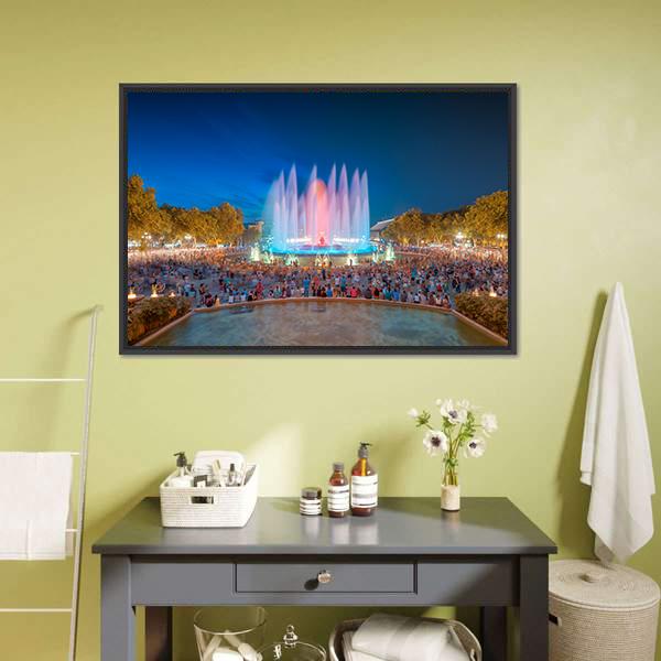 Magic Fountain in Barcelona Canvas Wall Art-1 Piece-Floating Frame-24" x 16"-Tiaracle