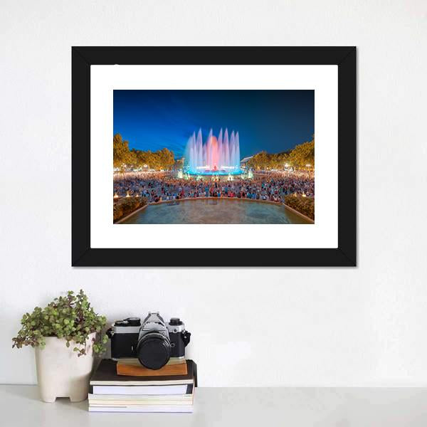 Magic Fountain in Barcelona Canvas Wall Art-1 Piece-Framed Print-20" x 16"-Tiaracle