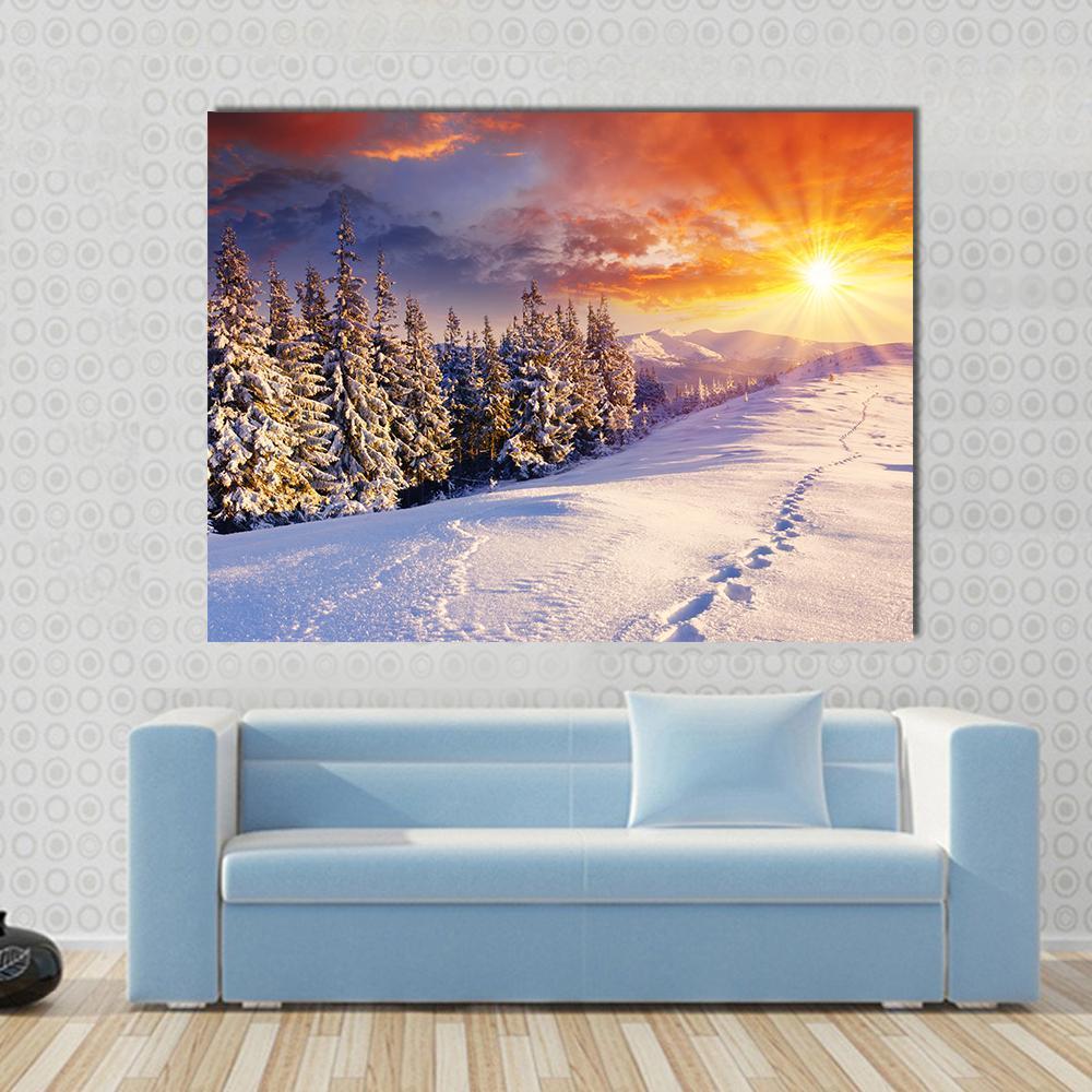 Majestic Sunset In Winter Mountain Canvas Wall Art-1 Piece-Gallery Wrap-48" x 32"-Tiaracle