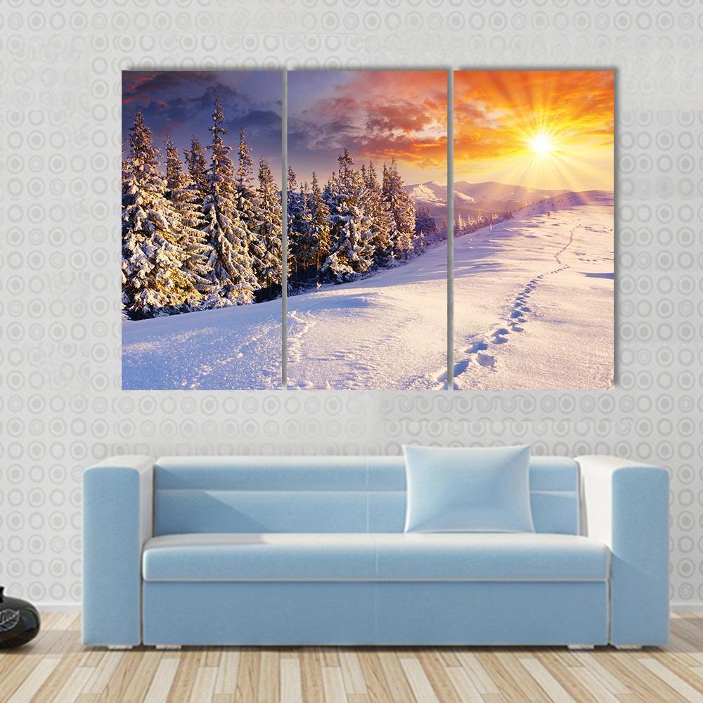 Majestic Sunset In Winter Mountain Canvas Wall Art-3 Horizontal-Gallery Wrap-37" x 24"-Tiaracle