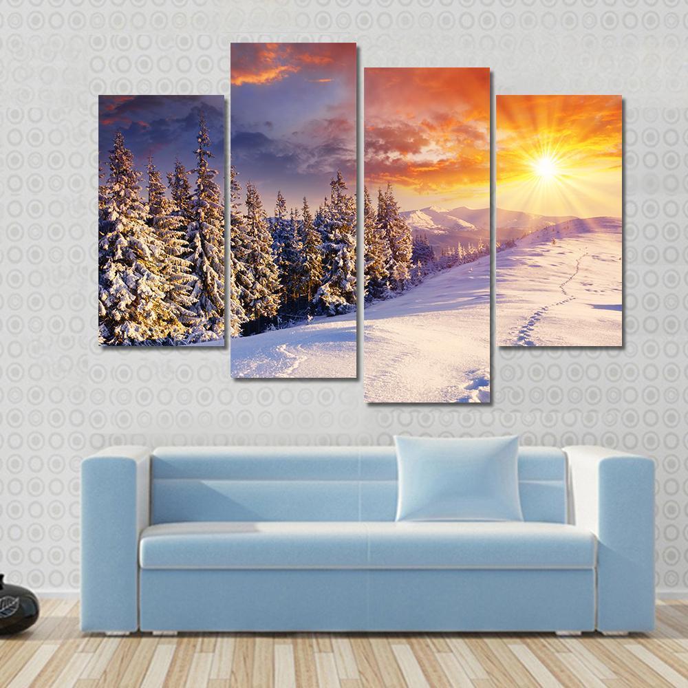 Majestic Sunset In Winter Mountain Canvas Wall Art-4 Pop-Gallery Wrap-50" x 32"-Tiaracle