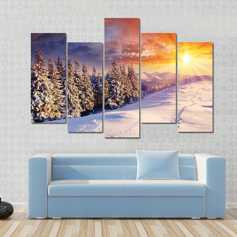 Majestic Sunset In Winter Mountain Canvas Wall Art-5 Pop-Gallery Wrap-47" x 32"-Tiaracle