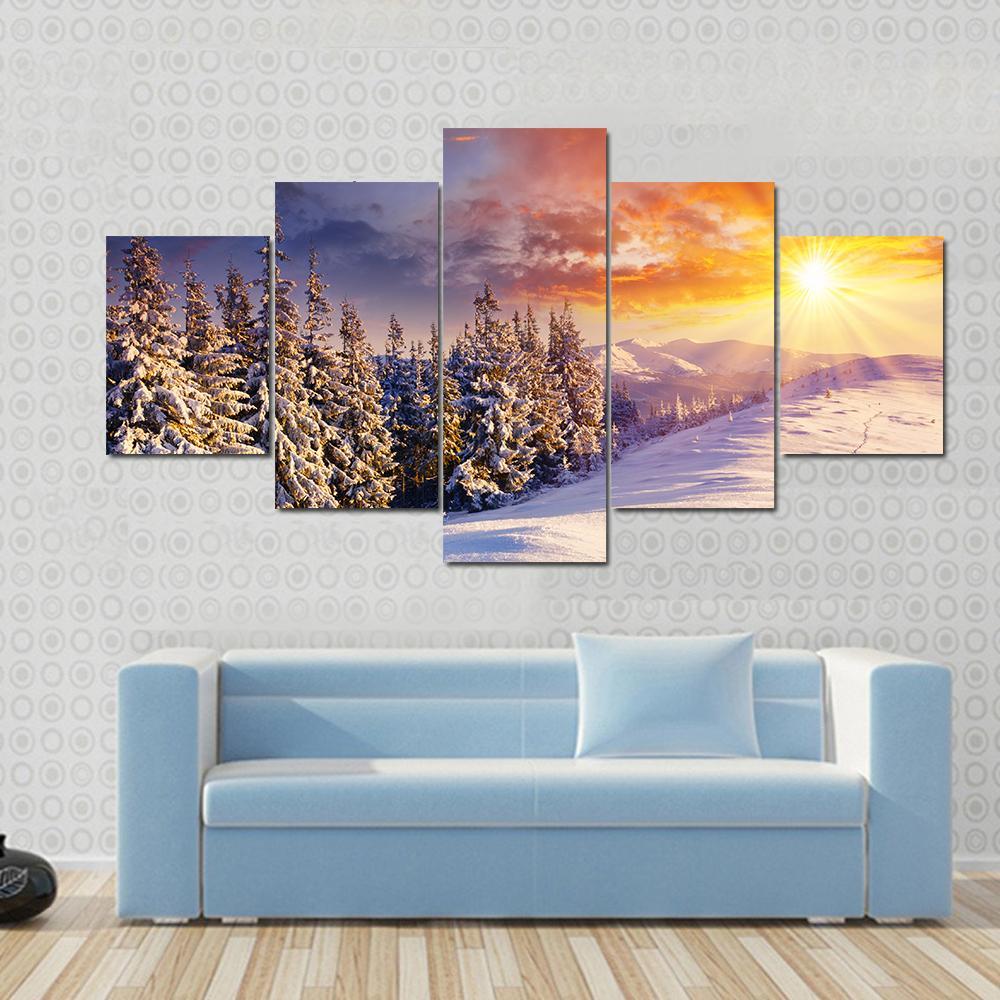 Majestic Sunset In Winter Mountain Canvas Wall Art-5 Star-Gallery Wrap-62" x 32"-Tiaracle