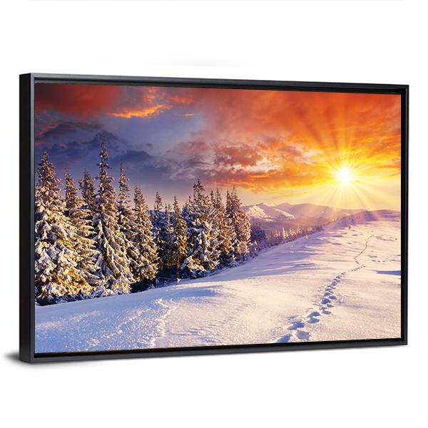 Majestic Sunset In Winter Mountain Canvas Wall Art-3 Horizontal-Gallery Wrap-25" x 16"-Tiaracle