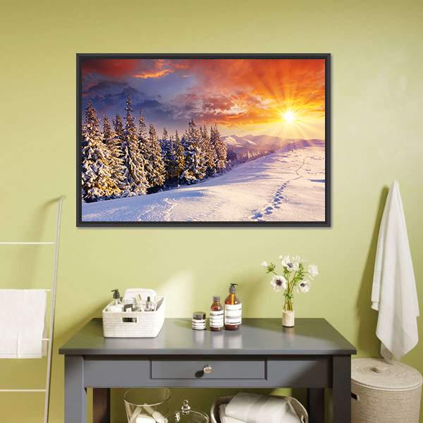 Majestic Sunset In Winter Mountain Canvas Wall Art-1 Piece-Floating Frame-24" x 16"-Tiaracle