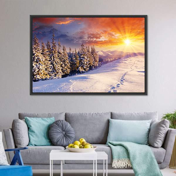 Majestic Sunset In Winter Mountain Canvas Wall Art-3 Horizontal-Gallery Wrap-25" x 16"-Tiaracle