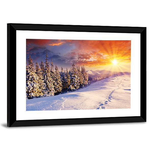 Majestic Sunset In Winter Mountain Canvas Wall Art-3 Horizontal-Gallery Wrap-25" x 16"-Tiaracle