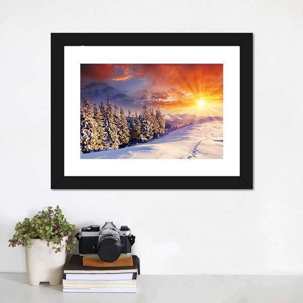 Majestic Sunset In Winter Mountain Canvas Wall Art-1 Piece-Framed Print-20" x 16"-Tiaracle